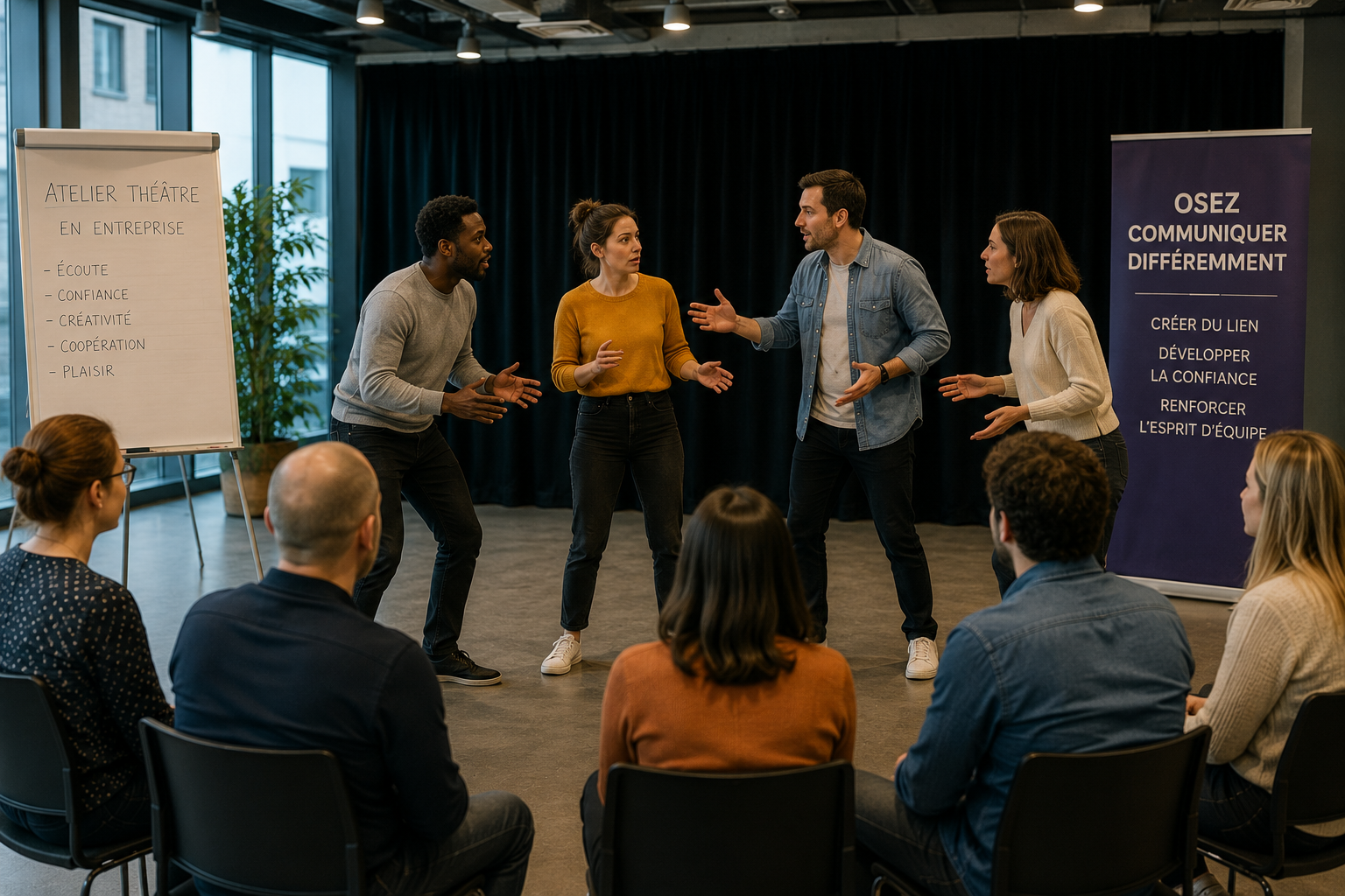 Découvrez comment un atelier théâtre en entreprise renforce la cohésion d'équipe, améliore la communication et booste la motivation des équipes.